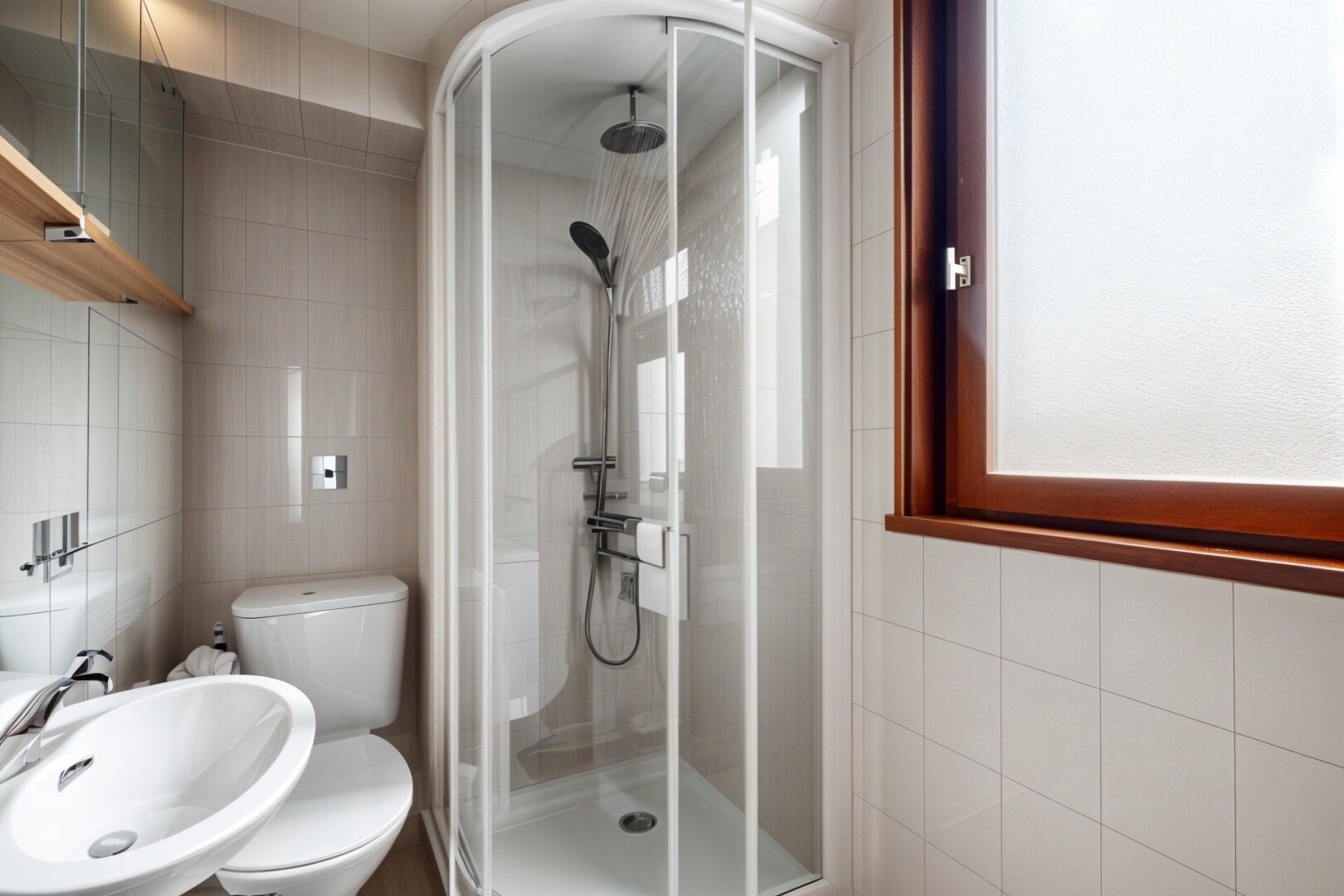 salle de bains avec tile wall, mur en carrelage, inside property, douche, et évier