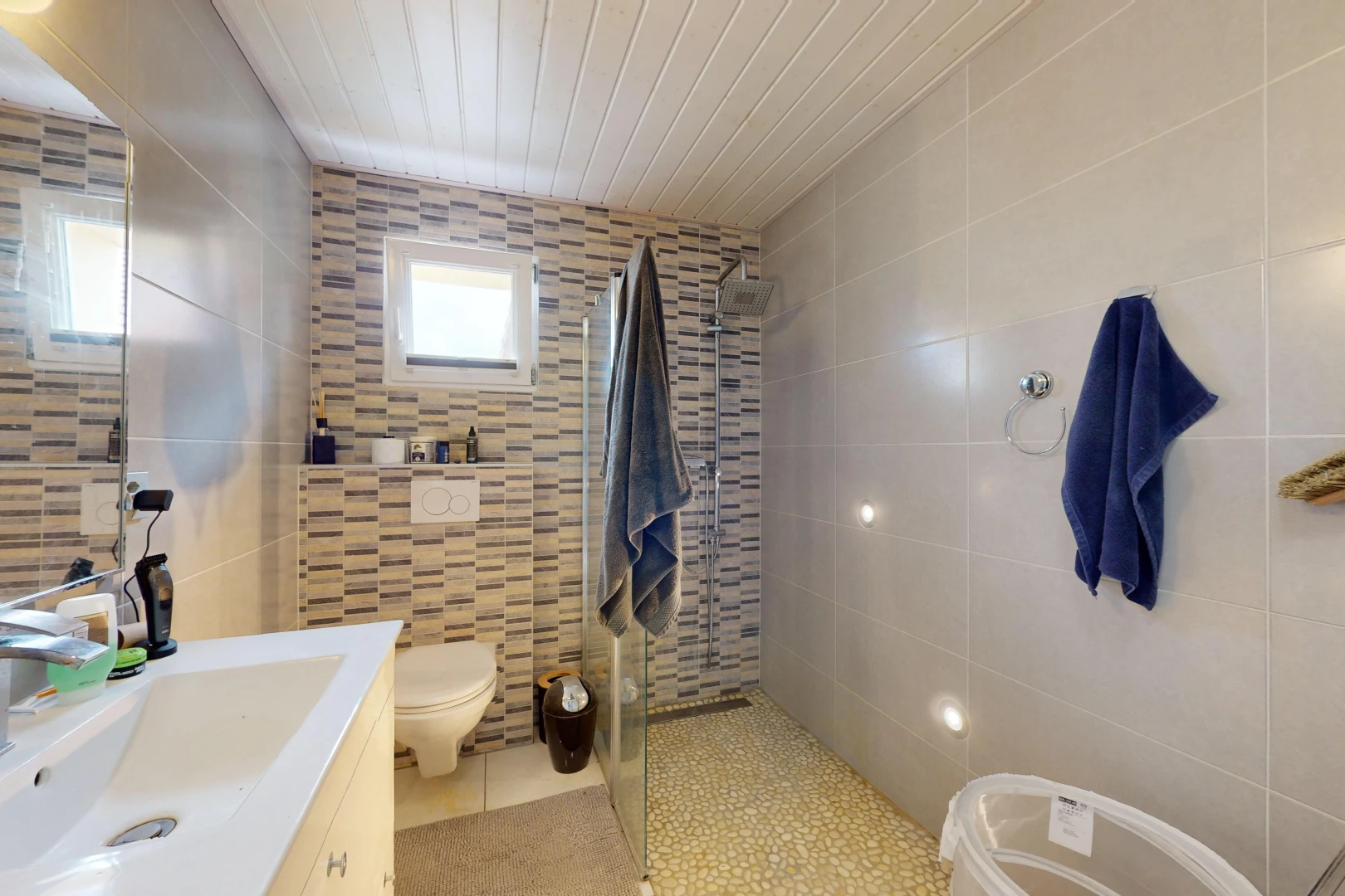 salle de bains avec douche, mur carrelé, toilettes, meuble-lavabo, et lumière naturelle