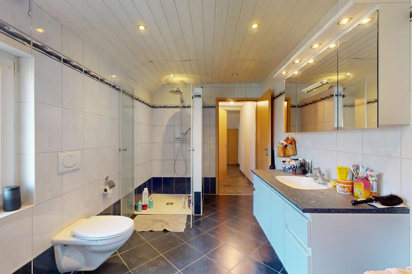 salle de bains avec toilettes, miroir, meuble-lavabo, mur carrelé, et douche