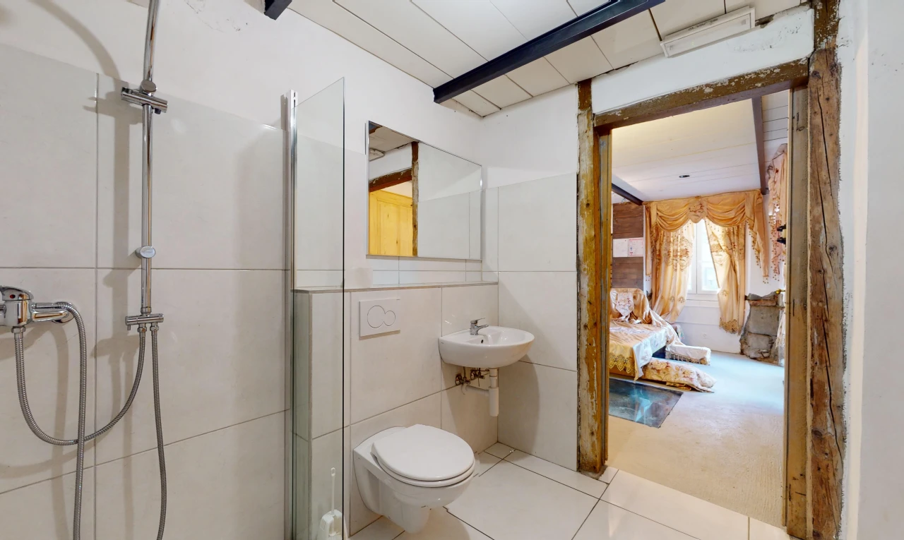 salle de bains avec toilettes, lumière naturelle, carrelage, et douche