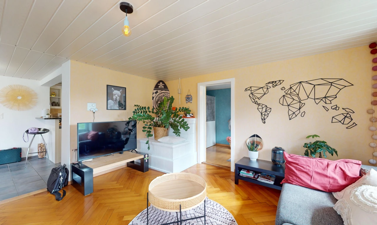 salon avec parquet et télévision