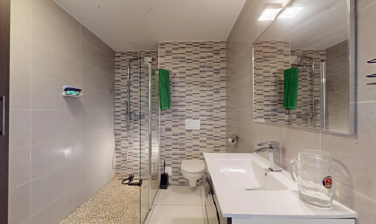 salle de bains avec meuble-lavabo, toilettes, mur carrelé, et douche