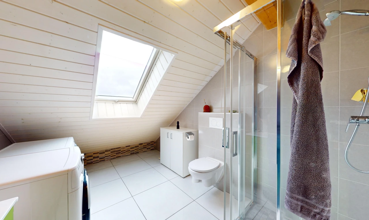 salle de bains avec toilettes, plafond voûté, machine à laver / sèche-linge séparés, lucarne, et douche