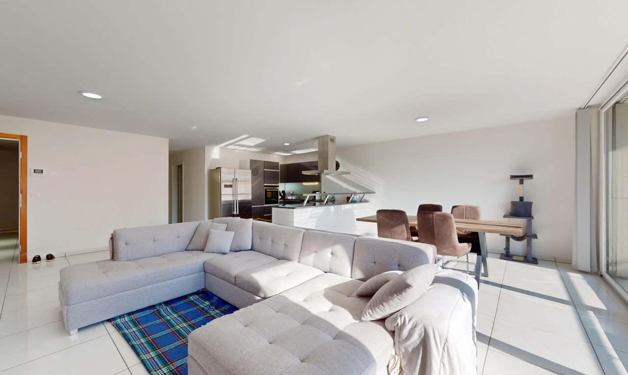 salon / salle à manger avec carrelage