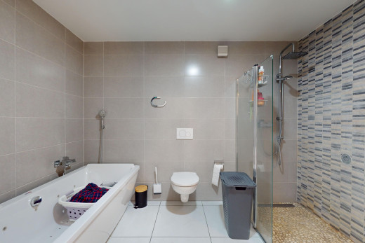 salle de bains avec baignoire, douche, mur carrelé, et toilettes
