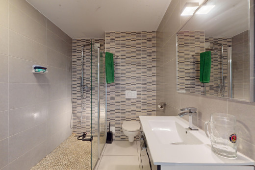 salle de bains avec meuble-lavabo, toilettes, mur carrelé, et douche