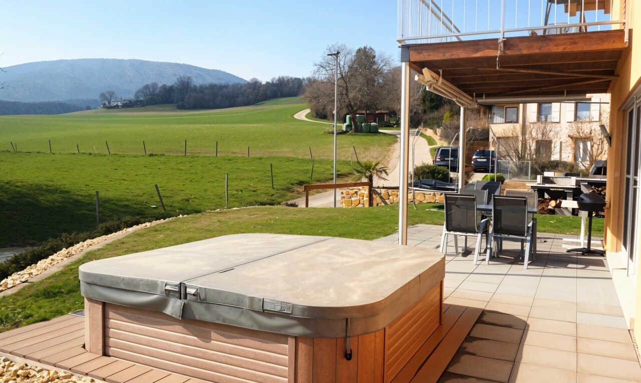 terrasse mit whirlpool, terrasse, zaun, rasen, und rural view