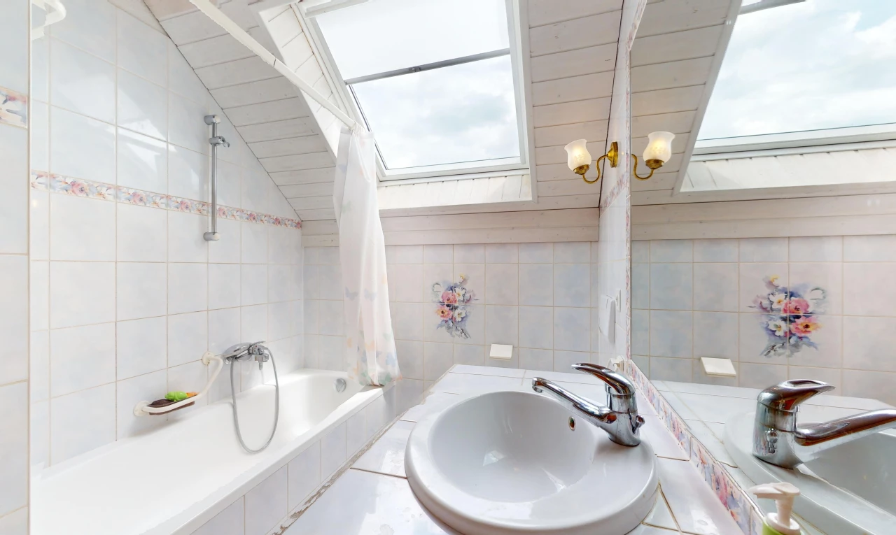 salle de bain avec mur carrelé, lumière naturelle, plafond voûté, vasque, et bain-douche
