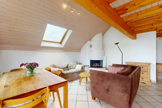salon / salle à manger avec plafond voûté, carrelage, lucarne, et plafond de bois