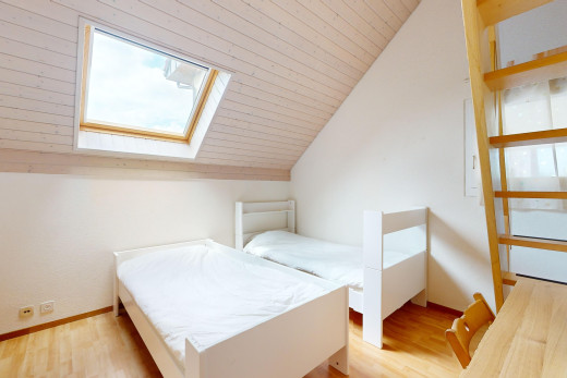 chambre avec plafond de bois, plancher de bois, lucarne, plafond voûté, et lumière naturelle