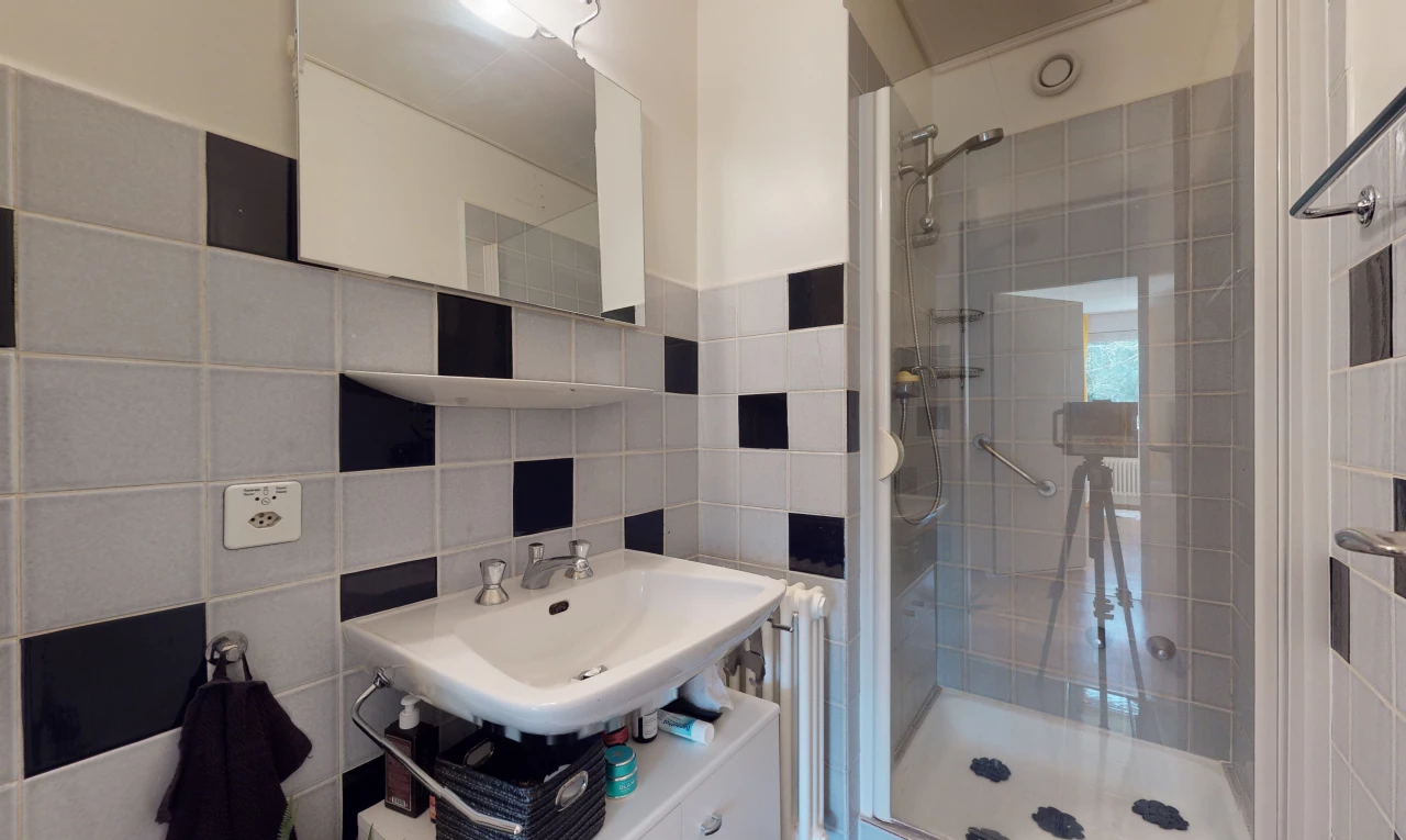 salle de bains avec miroir, porte de douche, douche, et vasque