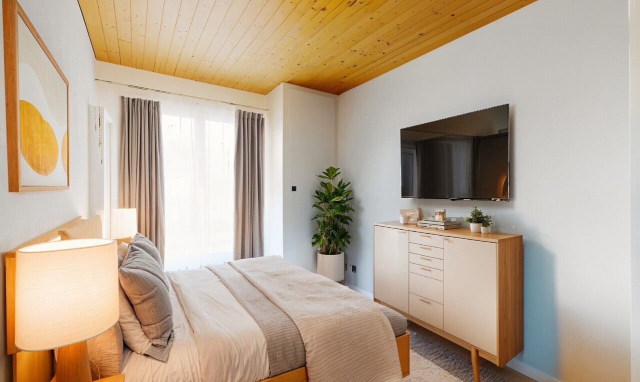 chambre avec télévision, inside property, lumière naturelle, natural light, et cloison sèche