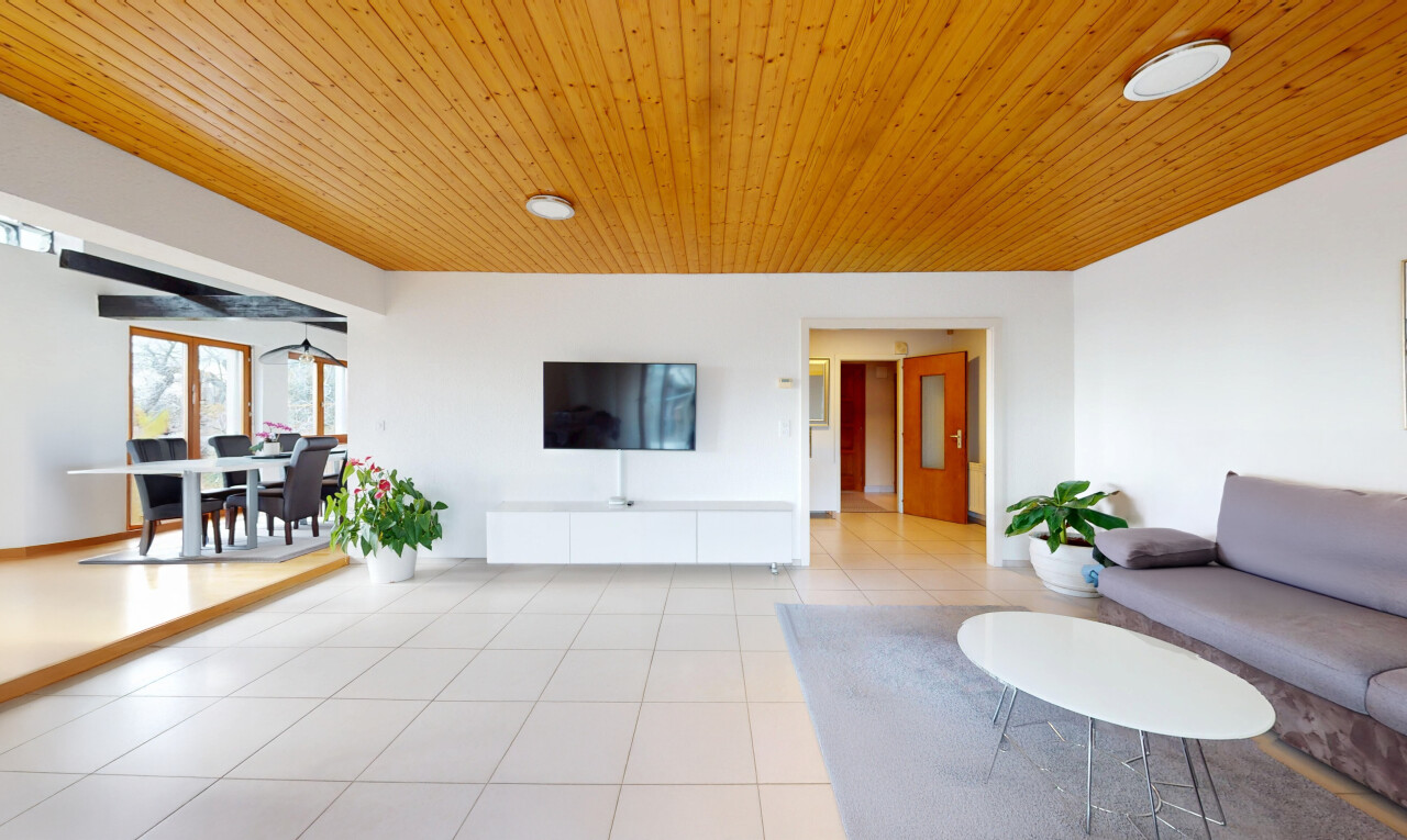 salon / salle à manger avec sol en carrelage, lumière naturelle, télévision, et cloison sèche