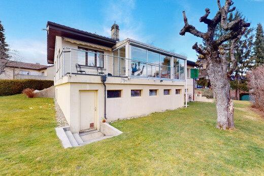 façade avec cheminée, pelouse, et bardage en stuc