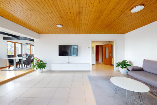 salon / salle à manger avec sol en carrelage, lumière naturelle, télévision, et cloison sèche