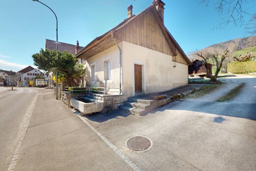 außenansicht mit schornstein, vertikale verkleidung, stuckverkleidung, und vortreppe