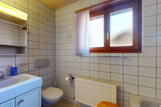 bad mit natürliches licht, fliesenwand, kühler, komplettes badezimmer, und toilette