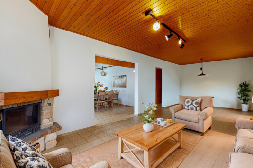 salon avec cheminée, plafond en bois, sol en carrelage, et cloison sèche