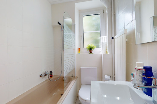 salle de bains avec bain-douche, vasque, miroir, et toilettes