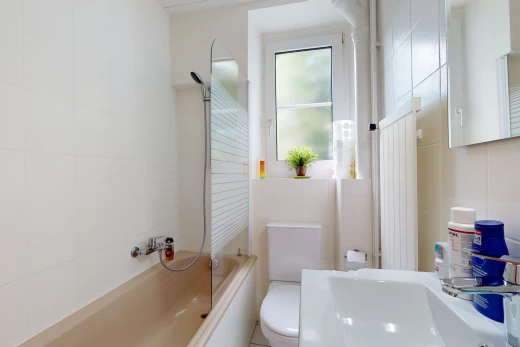 salle de bains avec bain-douche, vasque, miroir, et toilettes