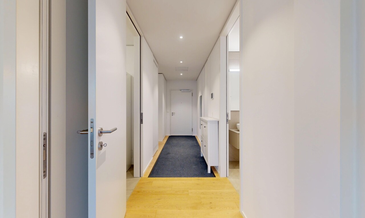 hall featuring light wood-style floors and recessed lighting