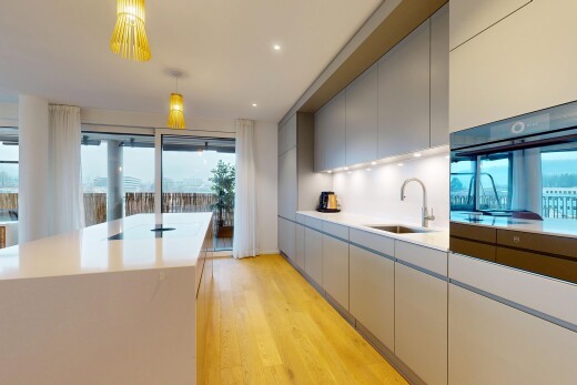 cuisine avec gray cabinets, armoires grises, flat panel cabinets, armoires à panneau plat, et light floor