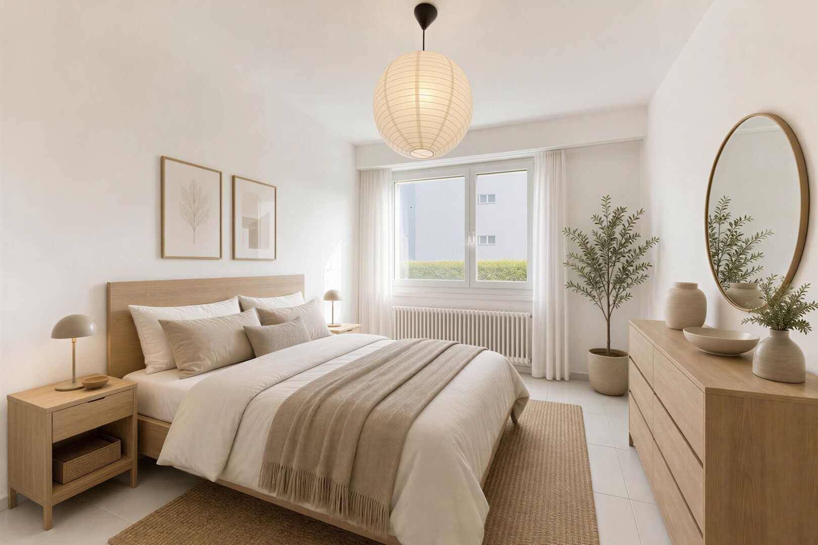 zimmer / schlafzimmer mit pendelleuchte, kühler, drywall, gipskartonwand, und natürliches licht