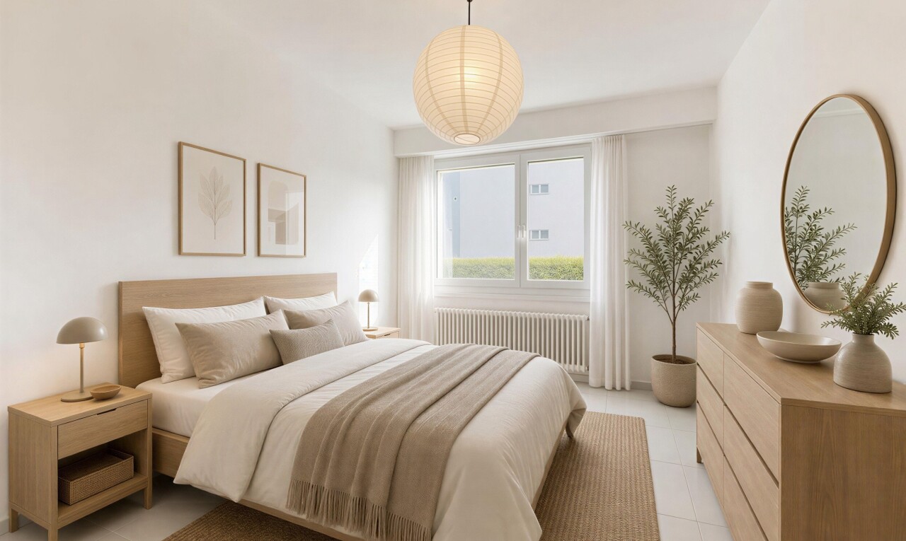 zimmer / schlafzimmer mit pendelleuchte, kühler, drywall, gipskartonwand, und natürliches licht