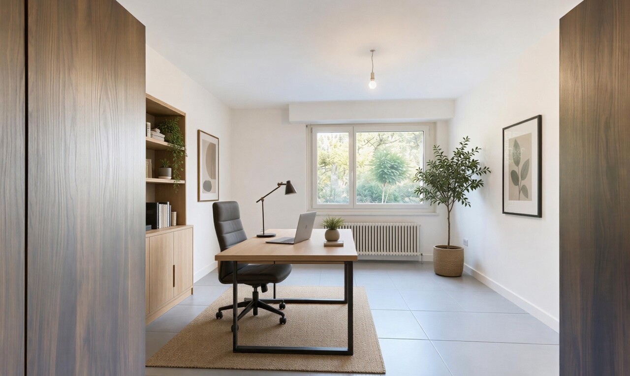 büro mit kühler, gipskartonwand, drywall, eingebaute regale, und sockelleisten