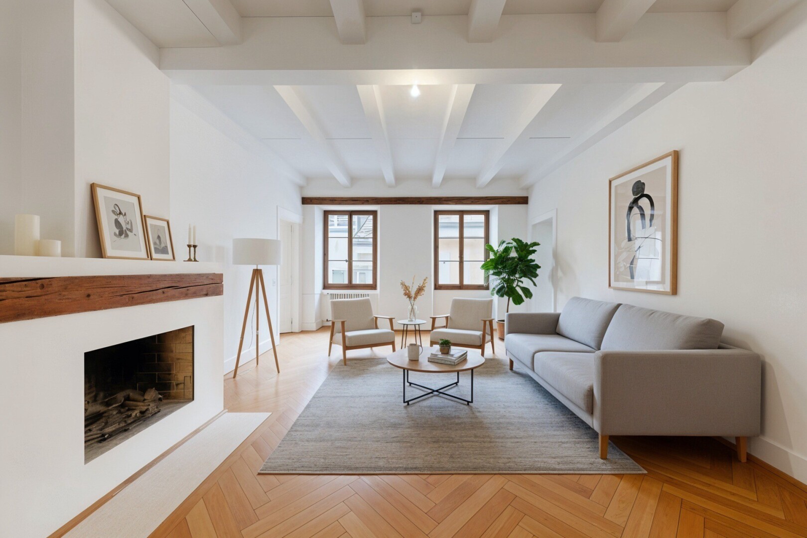 empty room with parquet floors, a fireplace with flush hearth, beamed ceiling, and radiator heating unit