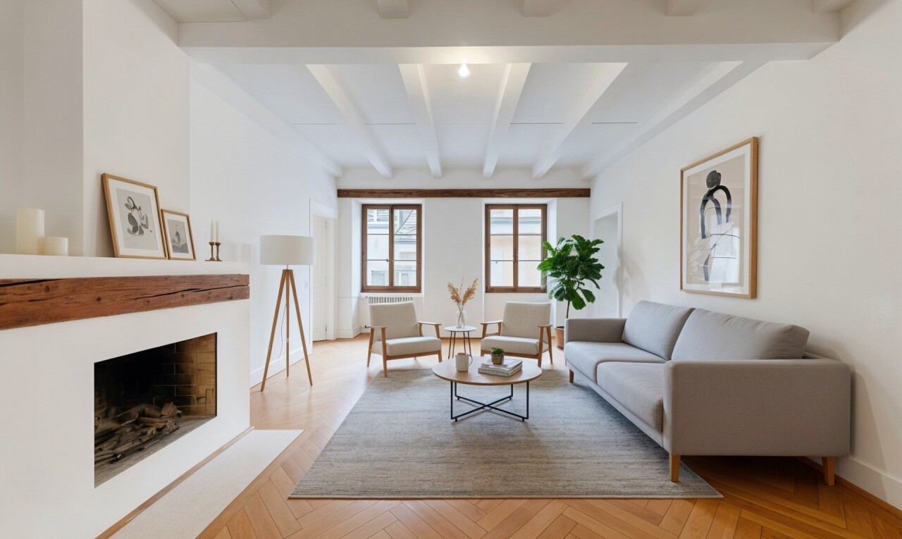 empty room with parquet floors, a fireplace with flush hearth, beamed ceiling, and radiator heating unit