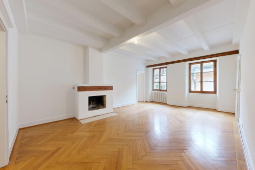 pièce vide avec parquet floor, inside property, sol en finition bois, wood finish floor, et cheminée
