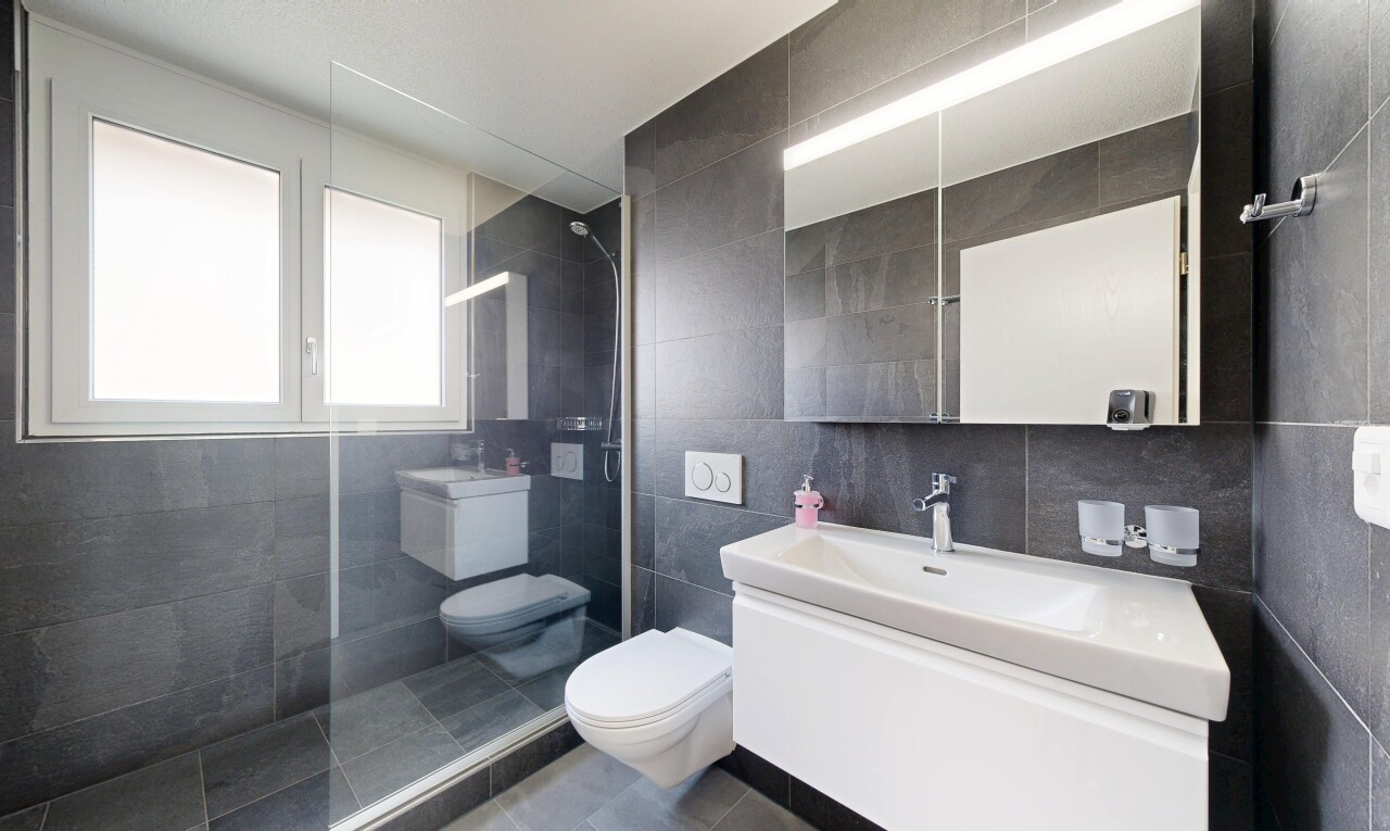 salle de bains avec lavabo (ou coiffeuse selon le contexte), tile wall, mur en carrelage, natural light, et salle de bain complète