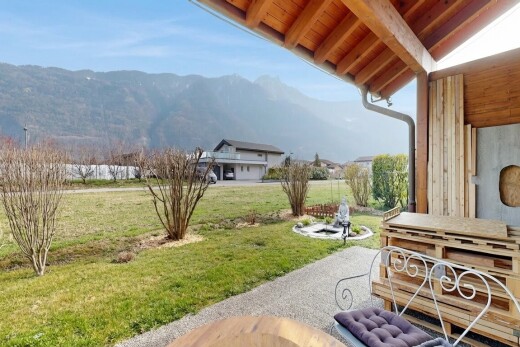 garden with a mountain view, a patio, and a lawn