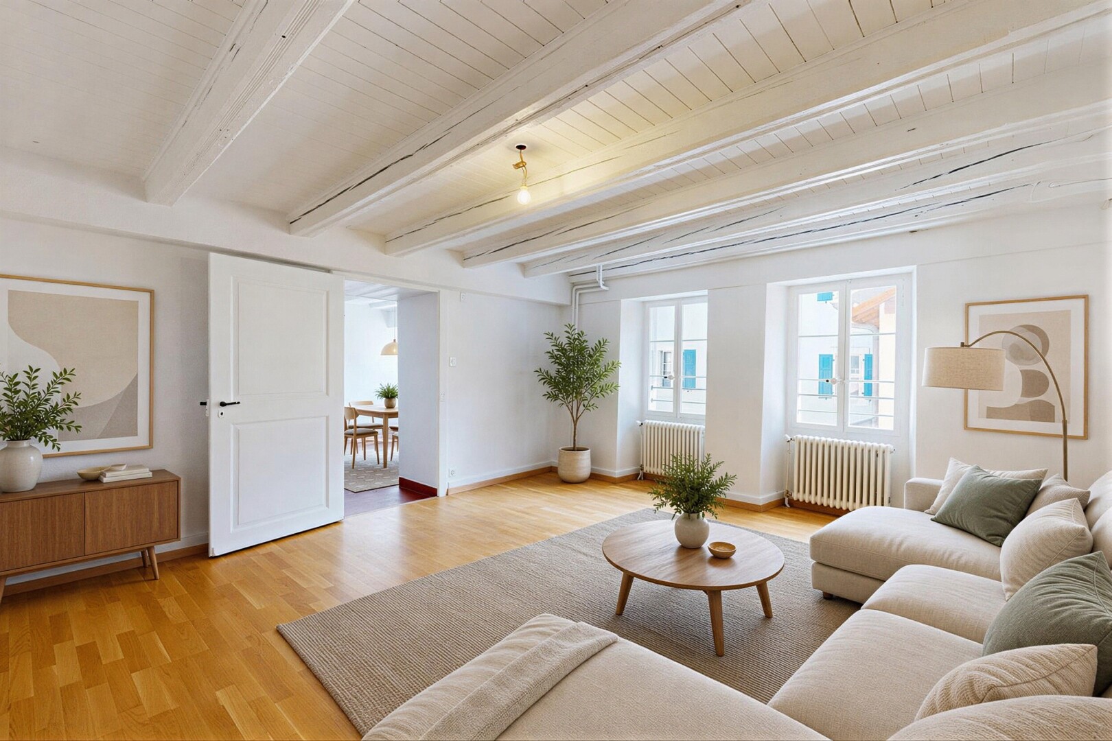 wohnzimmer mit inside property, holzfußboden, wood finish floor, balkendecke, und beamed ceiling