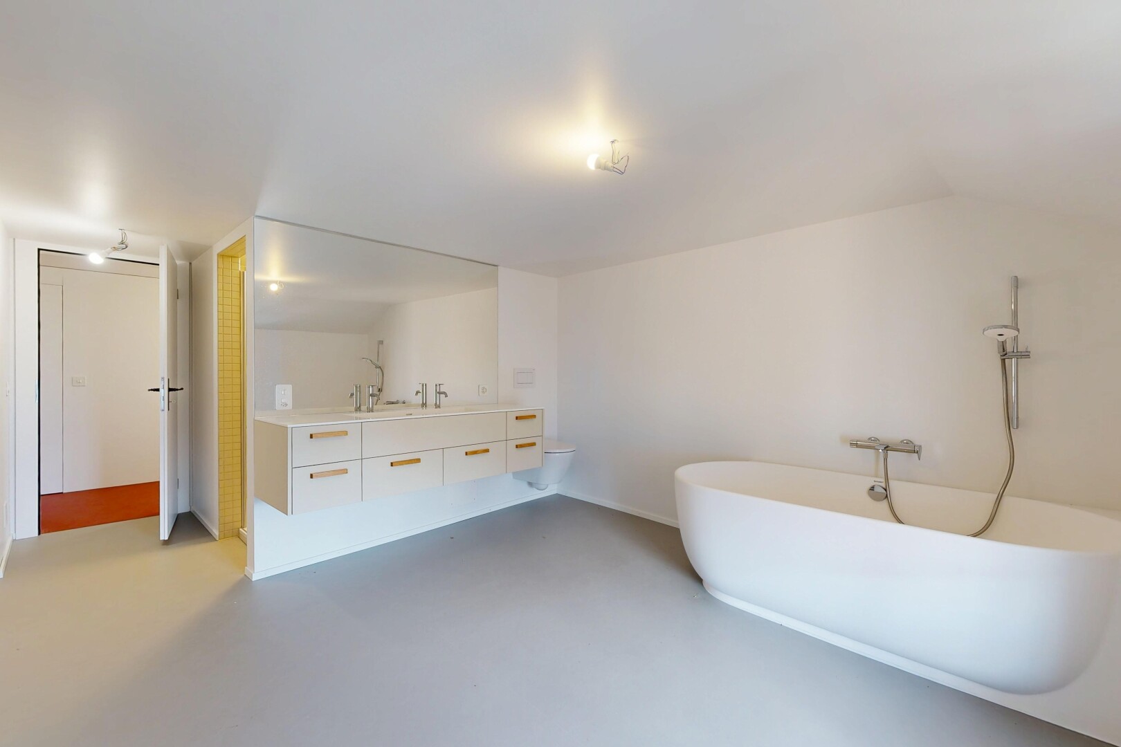 bad mit doppelwaschtisch, finished concrete floor, bad, betonboden, und concrete floor