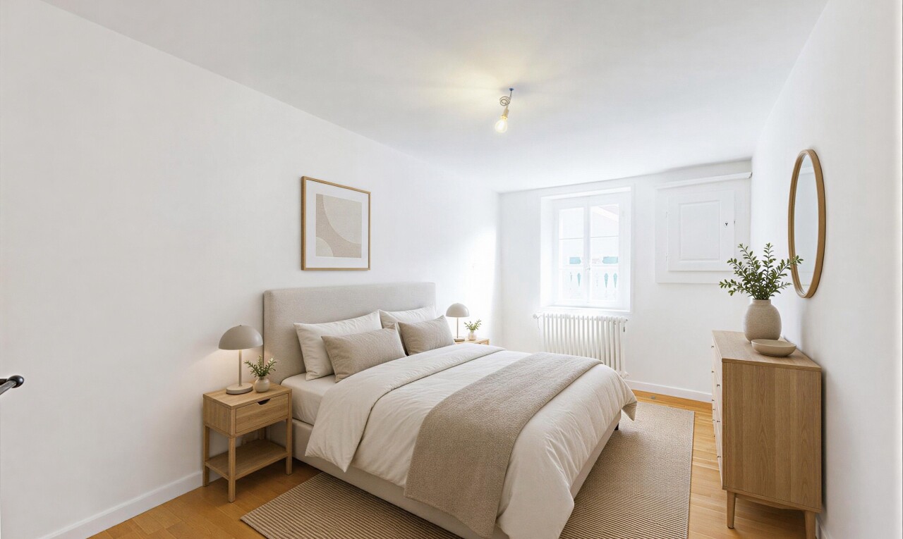 zimmer / schlafzimmer mit holzfußboden, wood finish floor, gipskartonwand, drywall, und inside property