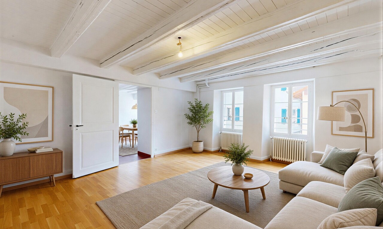 wohnzimmer mit inside property, holzfußboden, wood finish floor, balkendecke, und beamed ceiling
