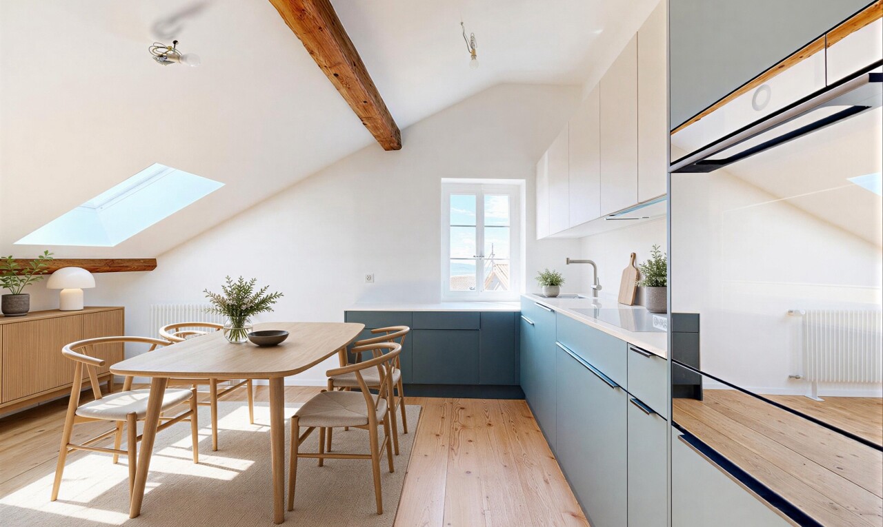 küche mit ofen, two tone kitchen, vaulted ceiling, dachschräge, und white cabinets