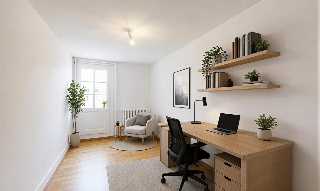 büro mit holzfußboden, wood finish floor, natürliches licht, natural light, und inside property
