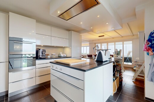 küche mit schränke mit flachen paneelen, weiße schränke, natürliches licht, natural light, und doppel backofen