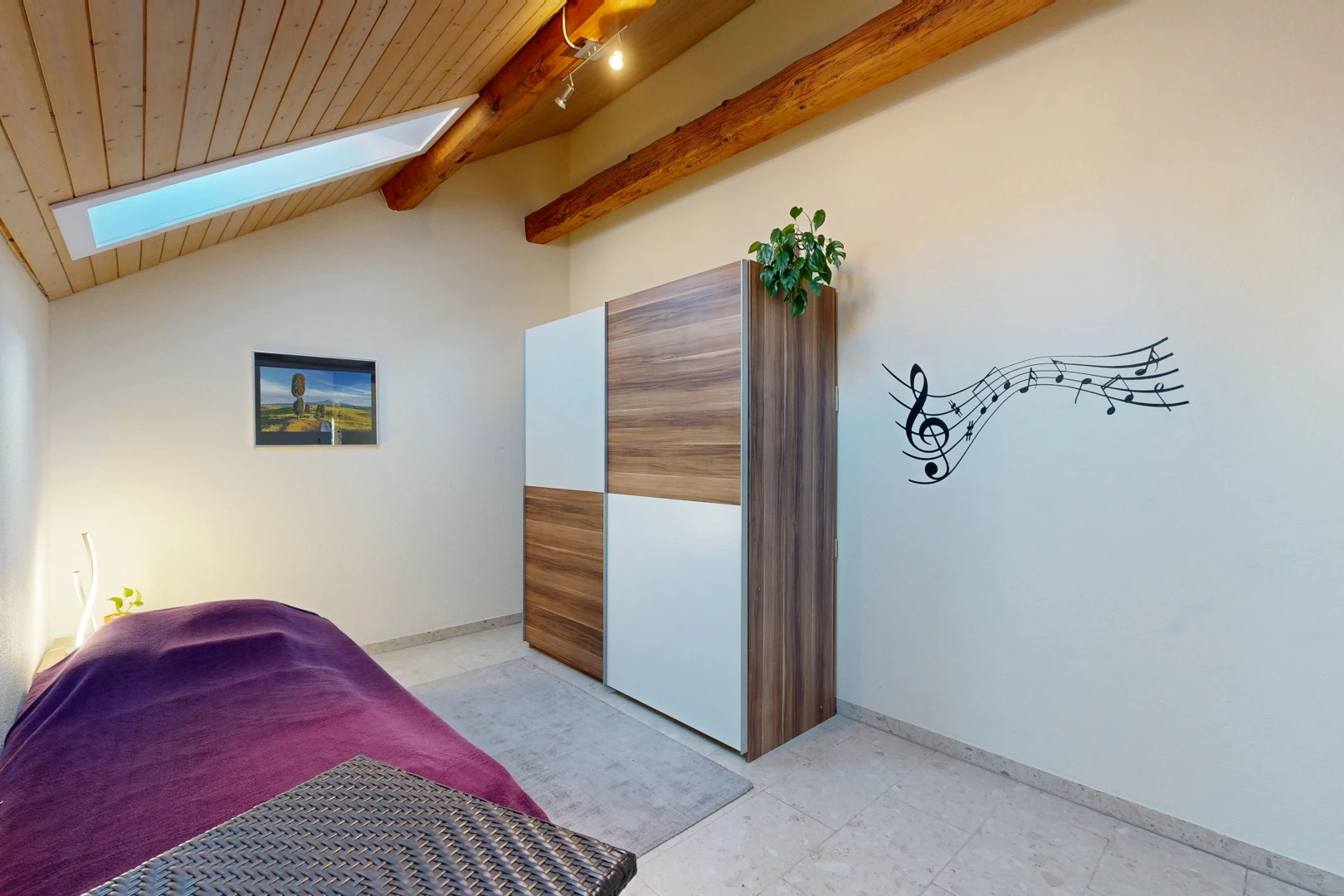 chambre avec éclairage sur rail, high end ceiling, drywall, cloison sèche, et vaulted ceiling