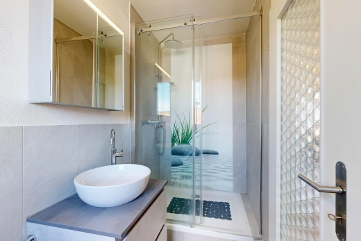 salle de bains avec évier, douche, miroir, salle de bain complète, et lavabo (ou coiffeuse selon le contexte)