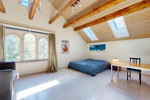 chambre avec plafond voûté, vaulted ceiling, éclairage sur rail, lumière naturelle, et drywall
