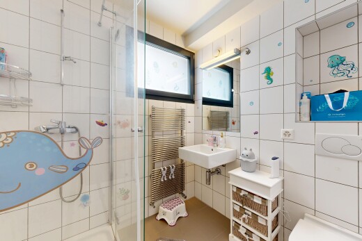 salle de bains avec mur en carrelage, tile wall, salle de bain complète, douche, et miroir