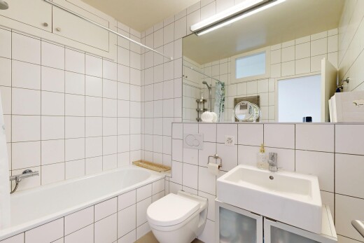 salle de bains avec mur en carrelage, tile wall, toilette, salle de bain complète, et miroir