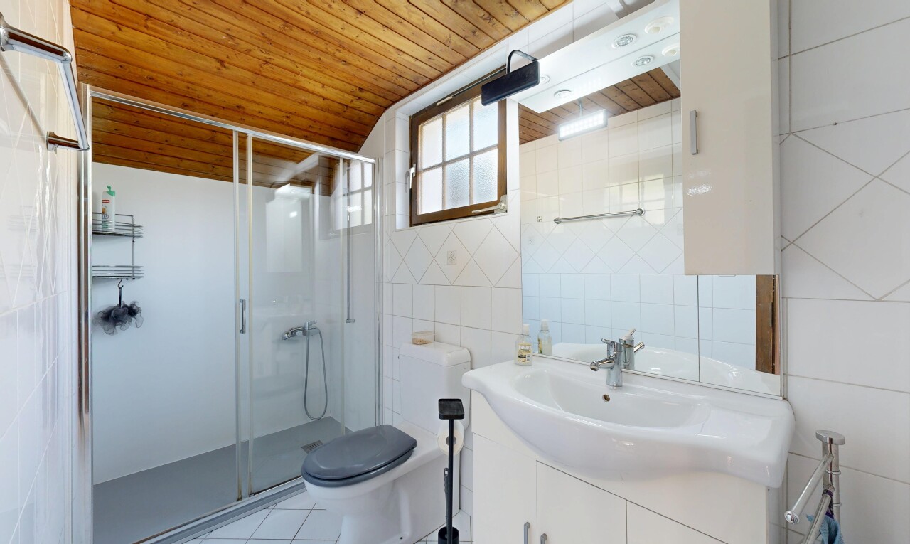 salle de bains avec lavabo (ou coiffeuse selon le contexte), plafond en bois, wood ceiling, miroir, et douche