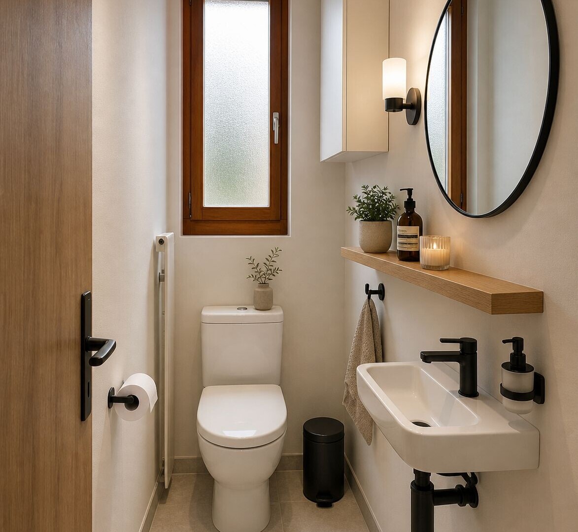 half bath featuring toilet and tile walls