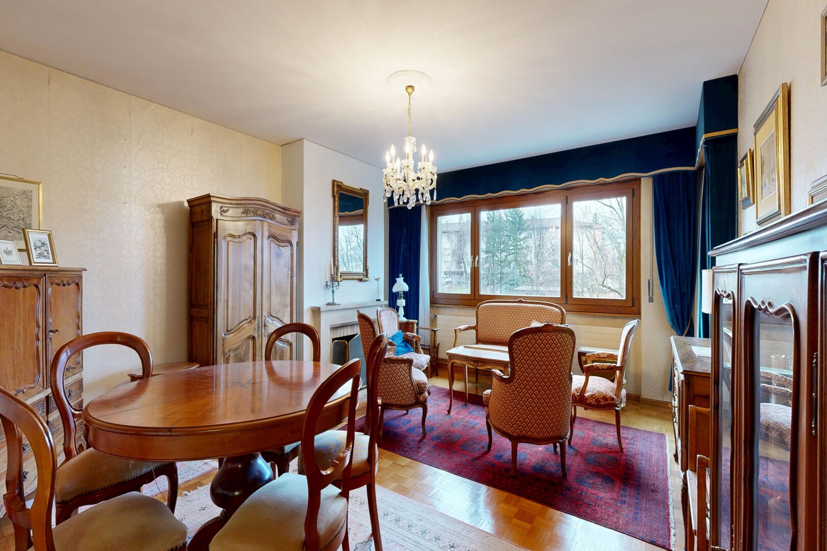 dining room featuring parquet floors and a chandelier