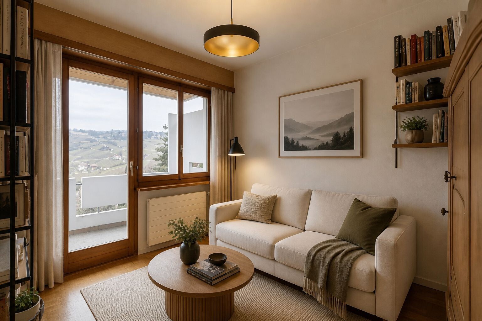 living area featuring radiator, hanging lights, and wood finished floors